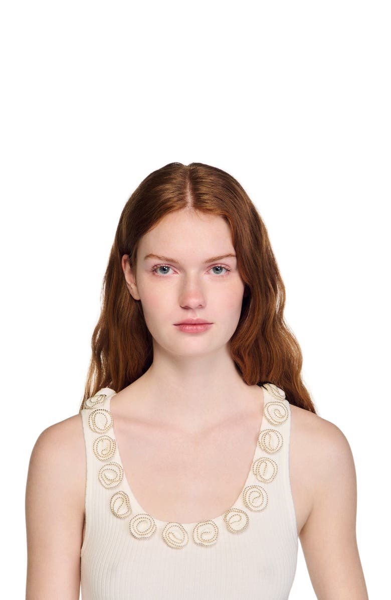 SANDRO Ribbed sweater with beaded roses, Alternate, color, White