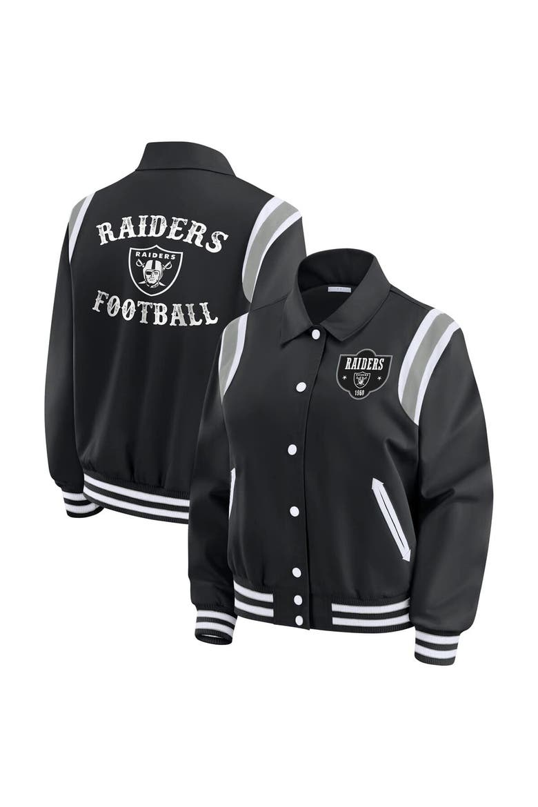 Women's WEAR by Erin Andrews Black Las Vegas Raiders Varsity Lightweight Full-Snap Jacket, Main, color, Black