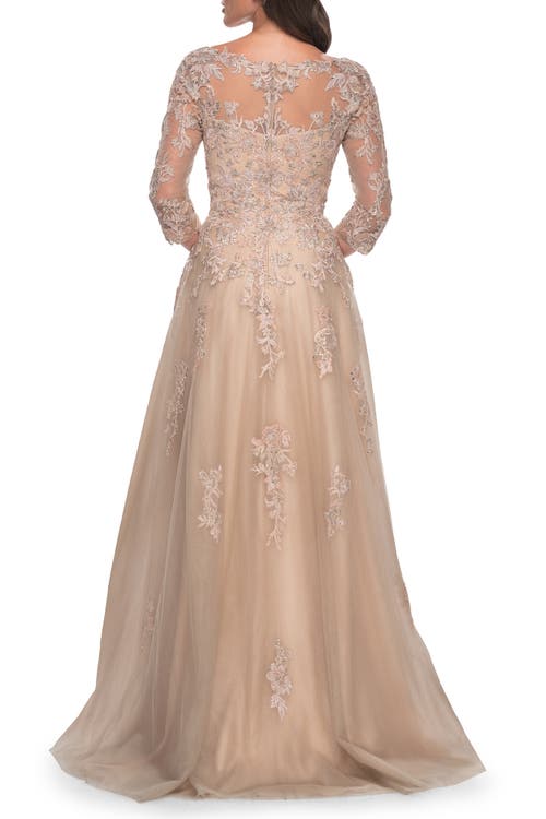 La Femme A-line Tulle And Lace Applique Gown With Lace Sleeves In Champagne