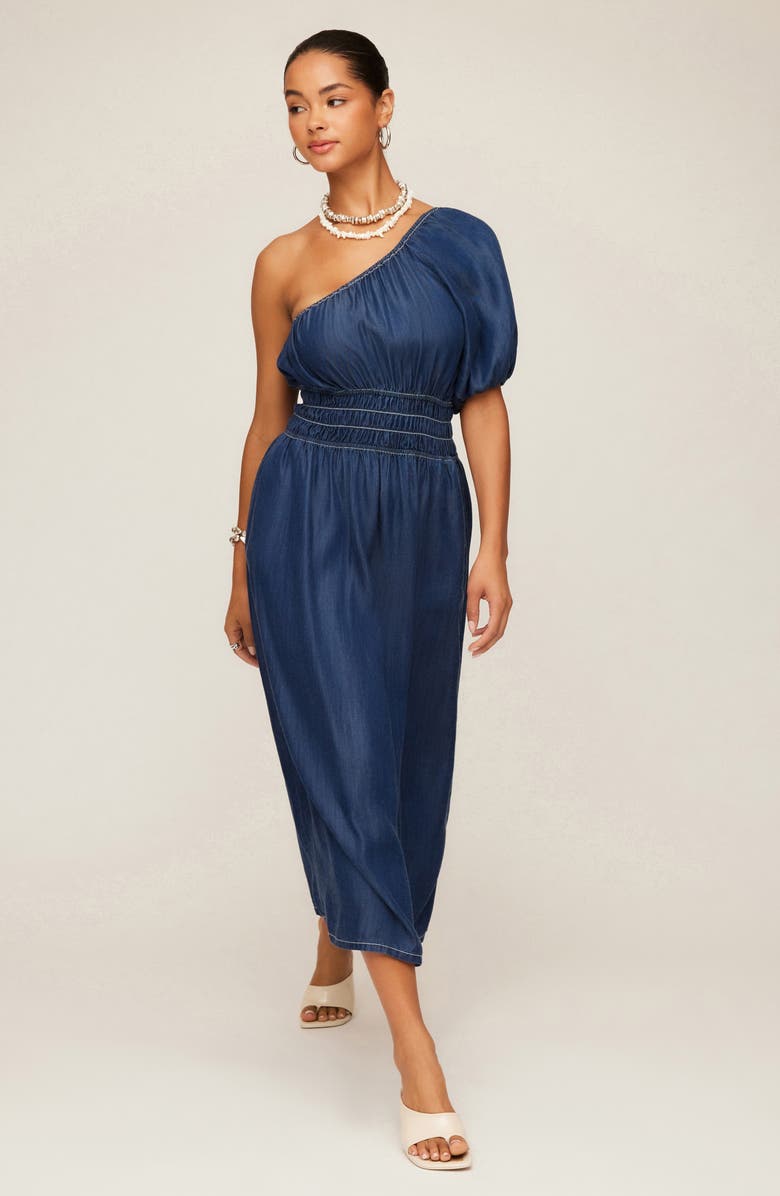 FIFTEEN TWENTY Abilene One-Shoulder Puff Sleeve Midi Dress, Alternate, color, Indigo