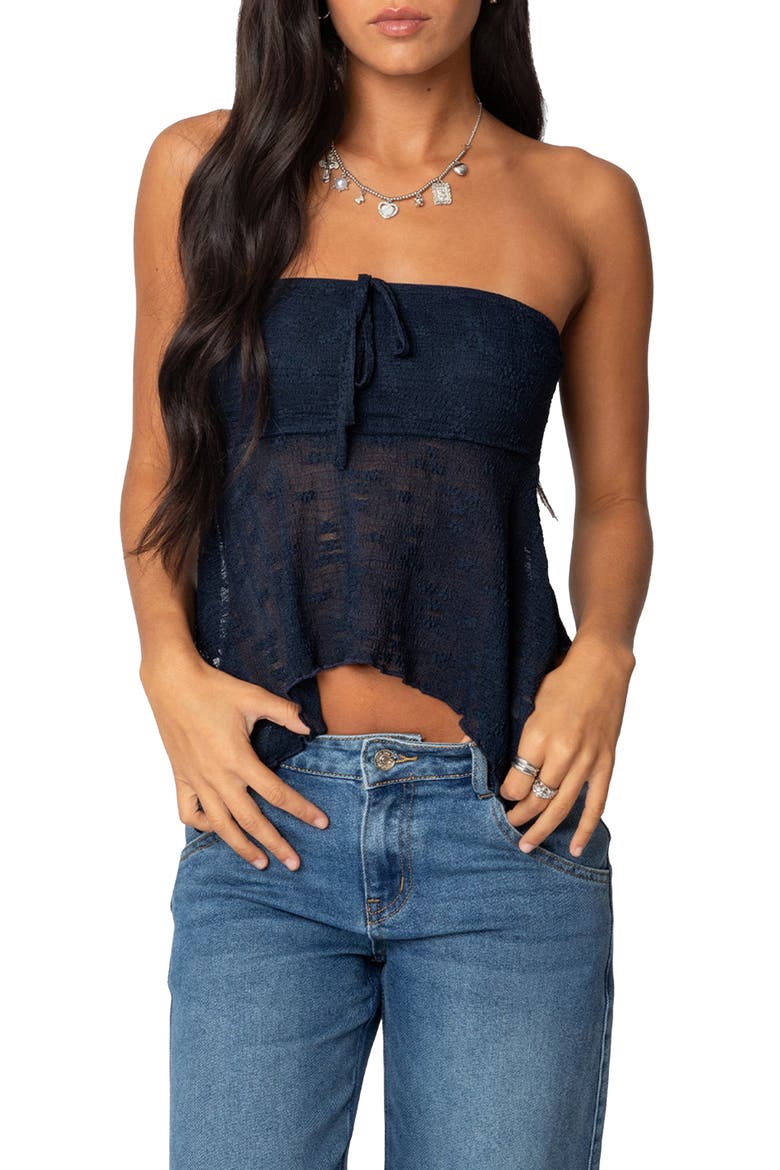 Embroidered Sheer Strapless Top, Main, color, NAVY