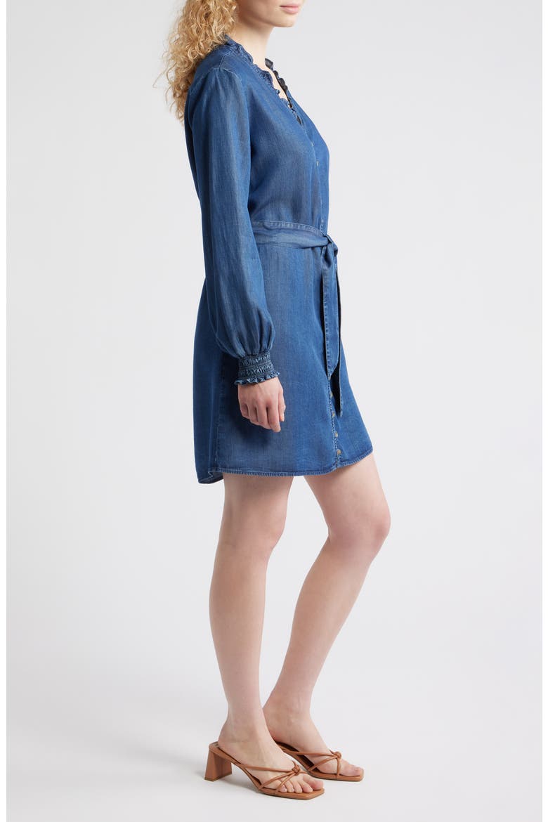 Ruffle Trim Tie Waist Denim Dress, Alternate, color, DARK TWILIGHT WASH