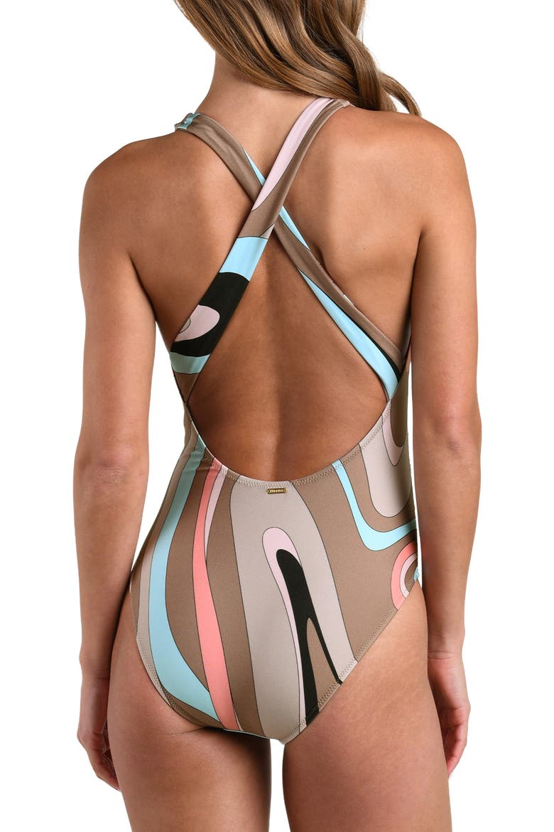 Lisa Abstract Swirl Plunge One-Piece Swimsuit, Alternate, color, BROWN MULTI