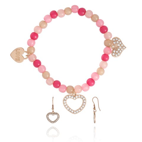 Kids Pink Heart Charm Bracelet & Earrings Set