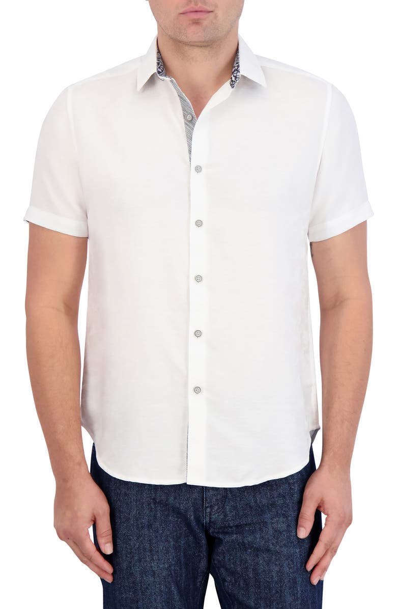 Robert Graham Poseidon Short Sleeve Linen & Cotton Jacquard Button-Up Shirt, Main, color, 