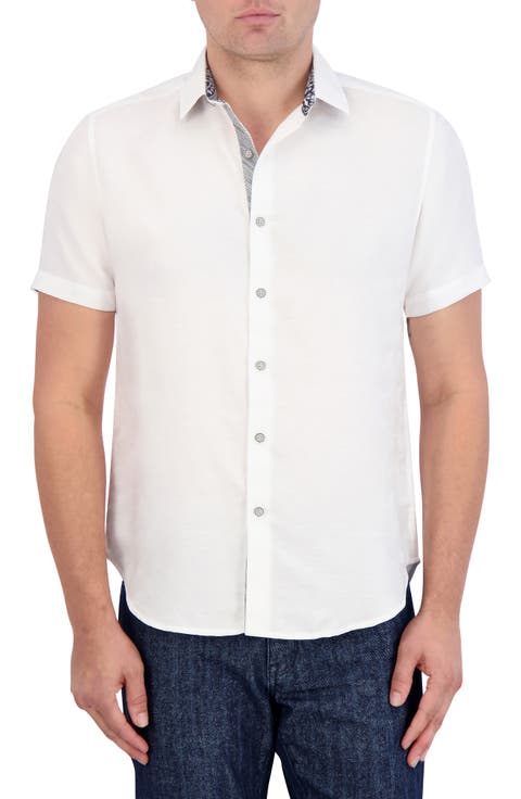 Poseidon Short Sleeve Linen & Cotton Jacquard Button-Up Shirt