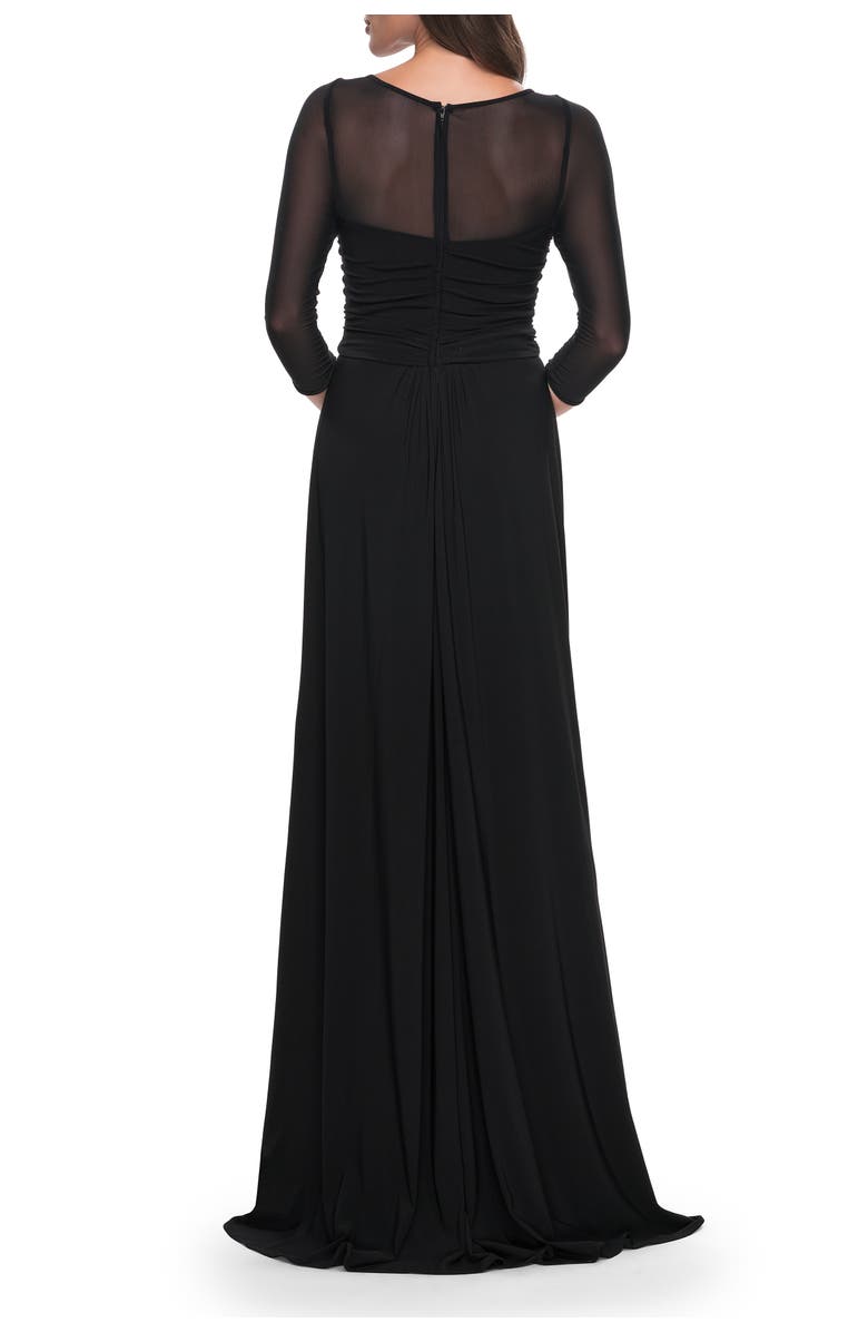 La Femme Chic Black Evening Dress with Illusion Neckline and Sleeves, Alternate, color, Black