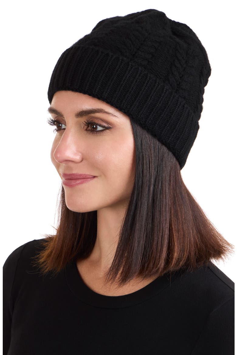 Cable Stitched Cuffed Cashmere Beanie, Alternate, color, BLACK