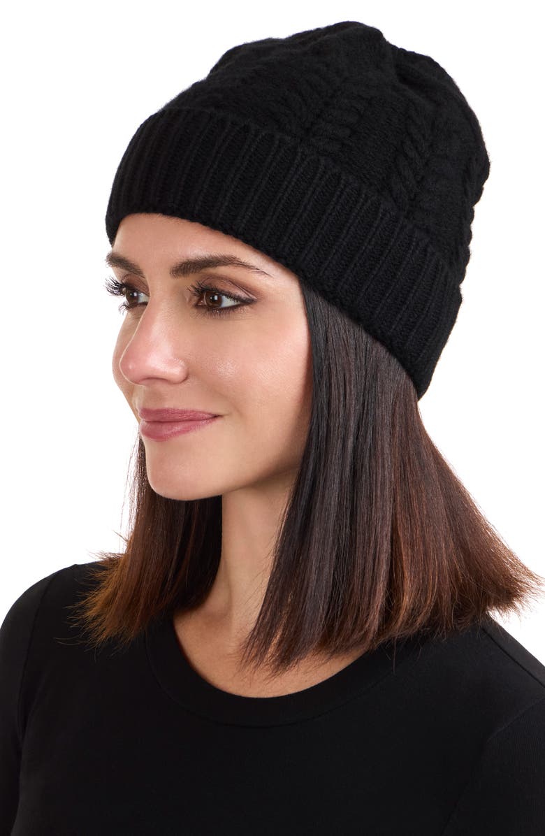 Sofia Cashmere Cable Stitched Cuffed Cashmere Beanie, Alternate, color, Black