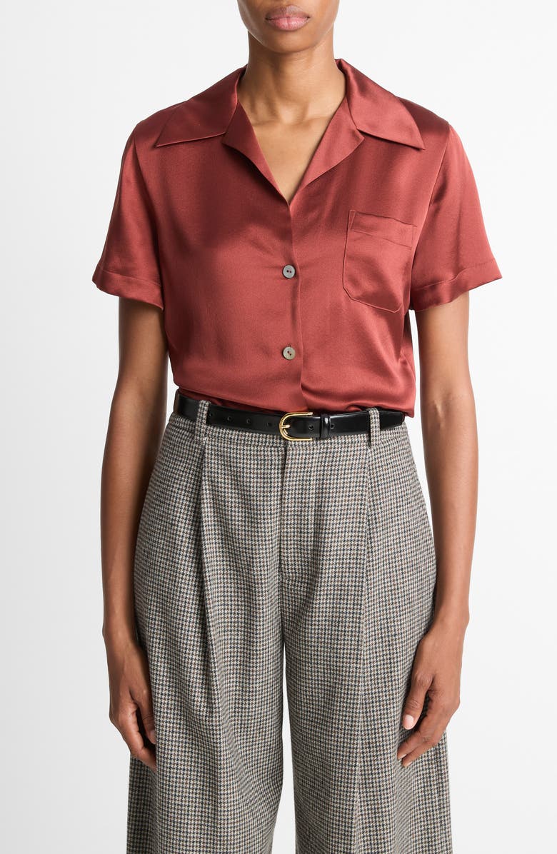 Vince Short Sleeve Silk Button-Up Shirt, Main, color, Siena