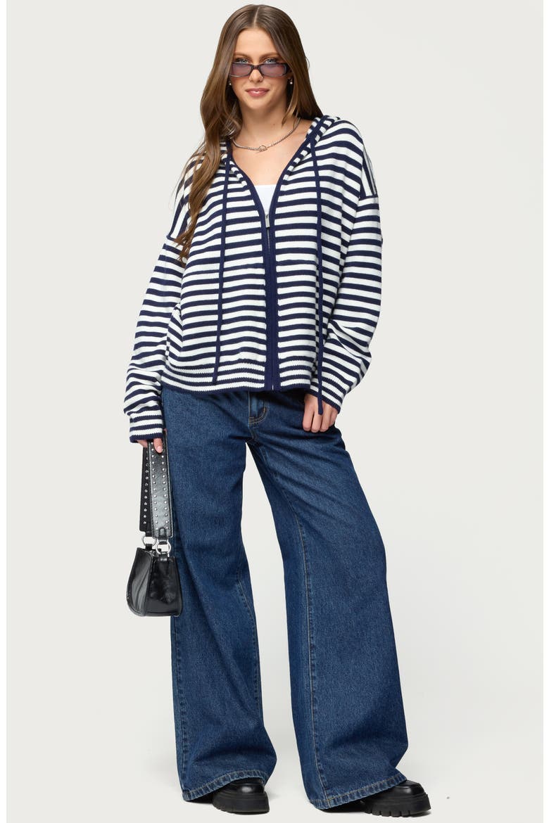 Safari Stripe Knit Zip Front Hoodie, Alternate, color, NAVY-AND-WHITE