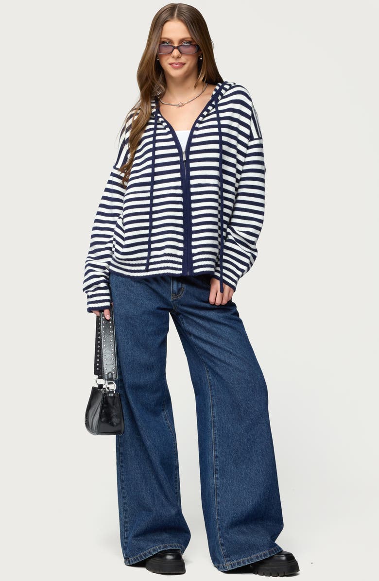 EDIKTED Safari Stripe Knit Zip Front Hoodie, Alternate, color, Navy-And-White