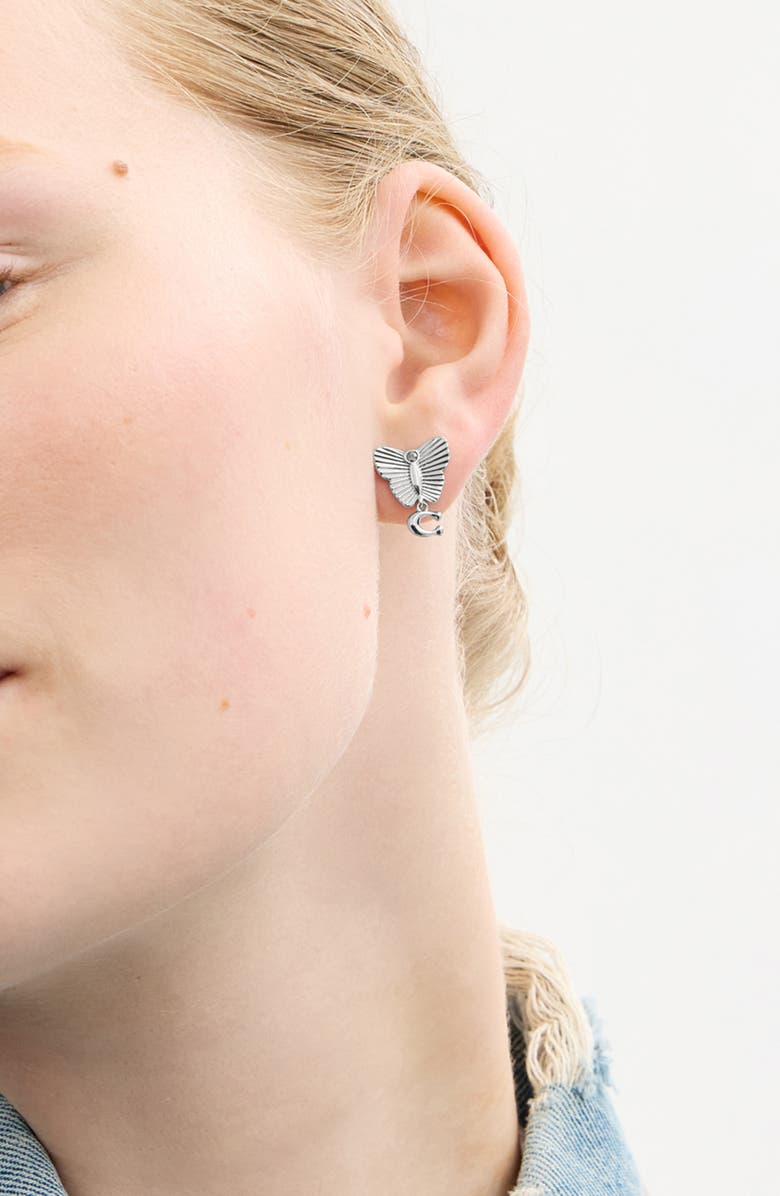 COACH Heritage Butterfly Drop Earrings, Alternate, color, Rhodium
