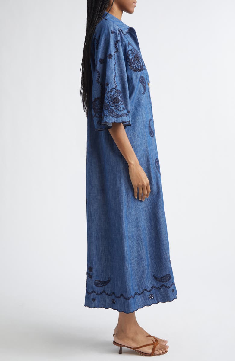 Zimmermann Aster Paisley Embroidered Denim Midi Dress, Alternate, color, Railway Blue