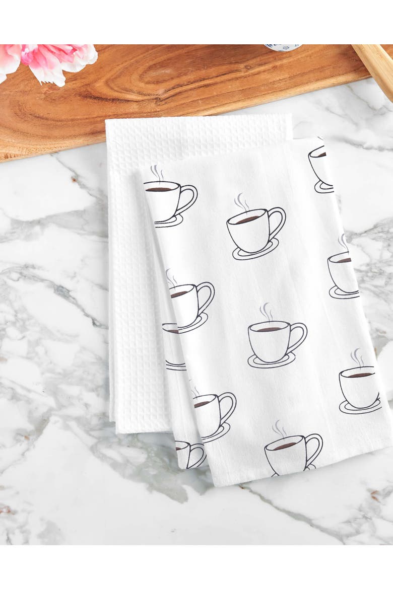 Coffee Cups Embroidered Cotton Flour Sack Kitchen Towel, Alternate, color, White