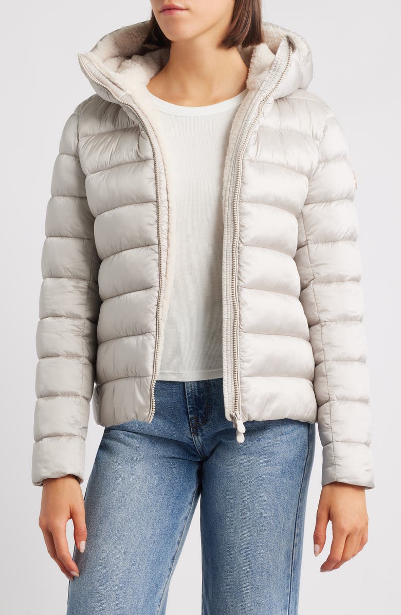 Save The Duck Gretel Faux Shearling Lining Hooded Puffer Jacket, Alternate, color, Rainy Beige