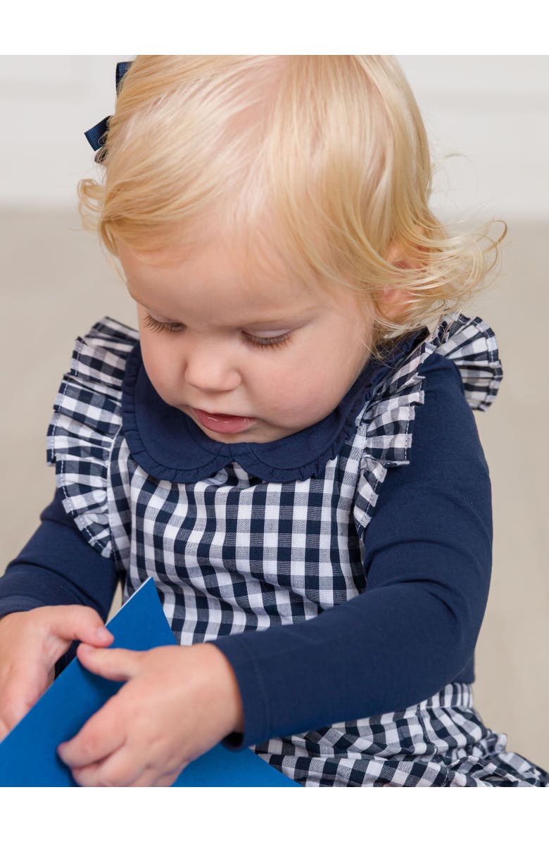 RuffleButts Flutter Overall Romper, Alternate, color, Classic Dark Navy Gingham