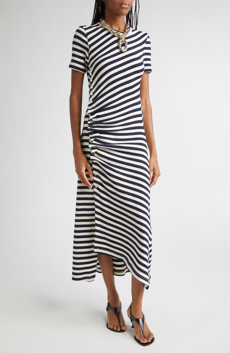 Rabanne Draped Stretch Virgin Wool Midi Dress, Alternate, color, Navy / Cream