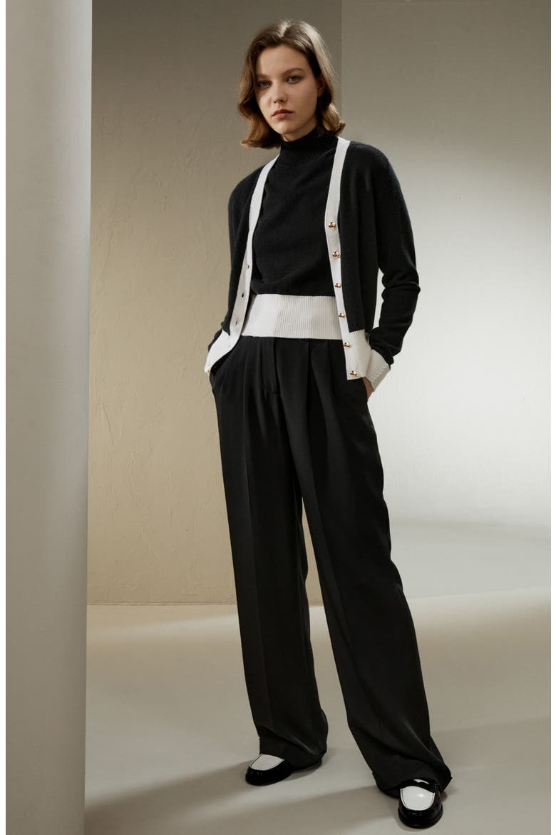 Women's Gemini Cashmere Cardigan with Contrasting Hem, Alternate, color, Black