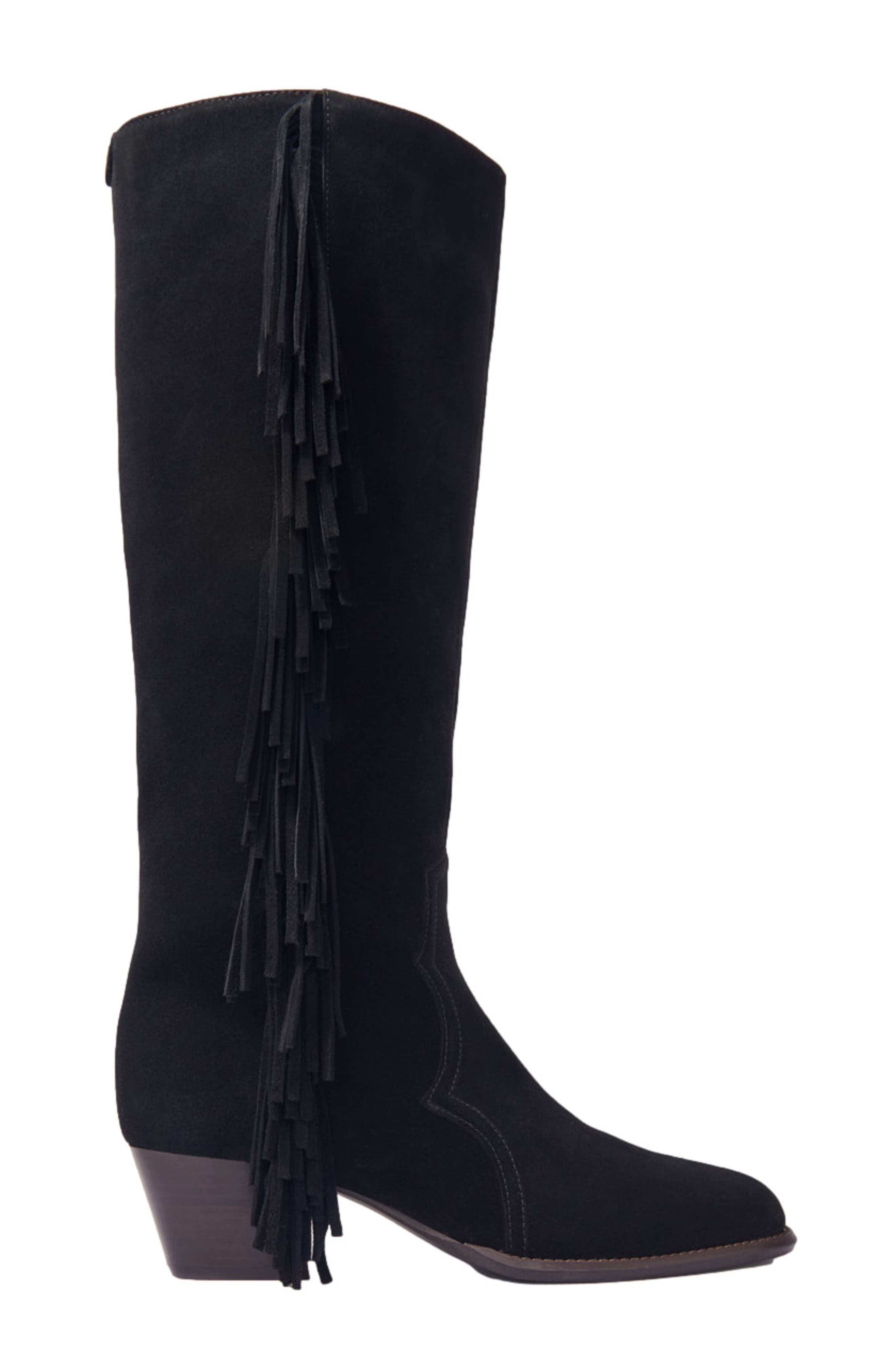 Fringed suede cowboy boots, Main, color, Black