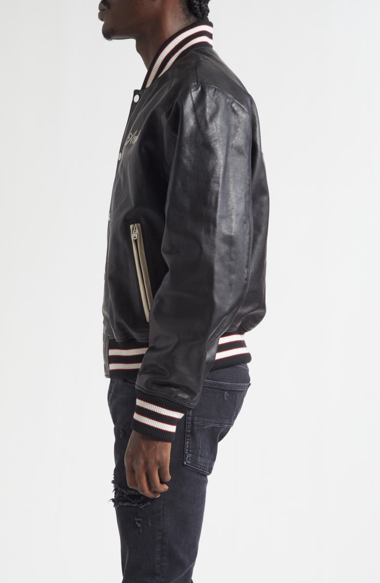 AMIRI Club Amiri Embroidered Leather Varsity Jacket, Alternate, color, Black