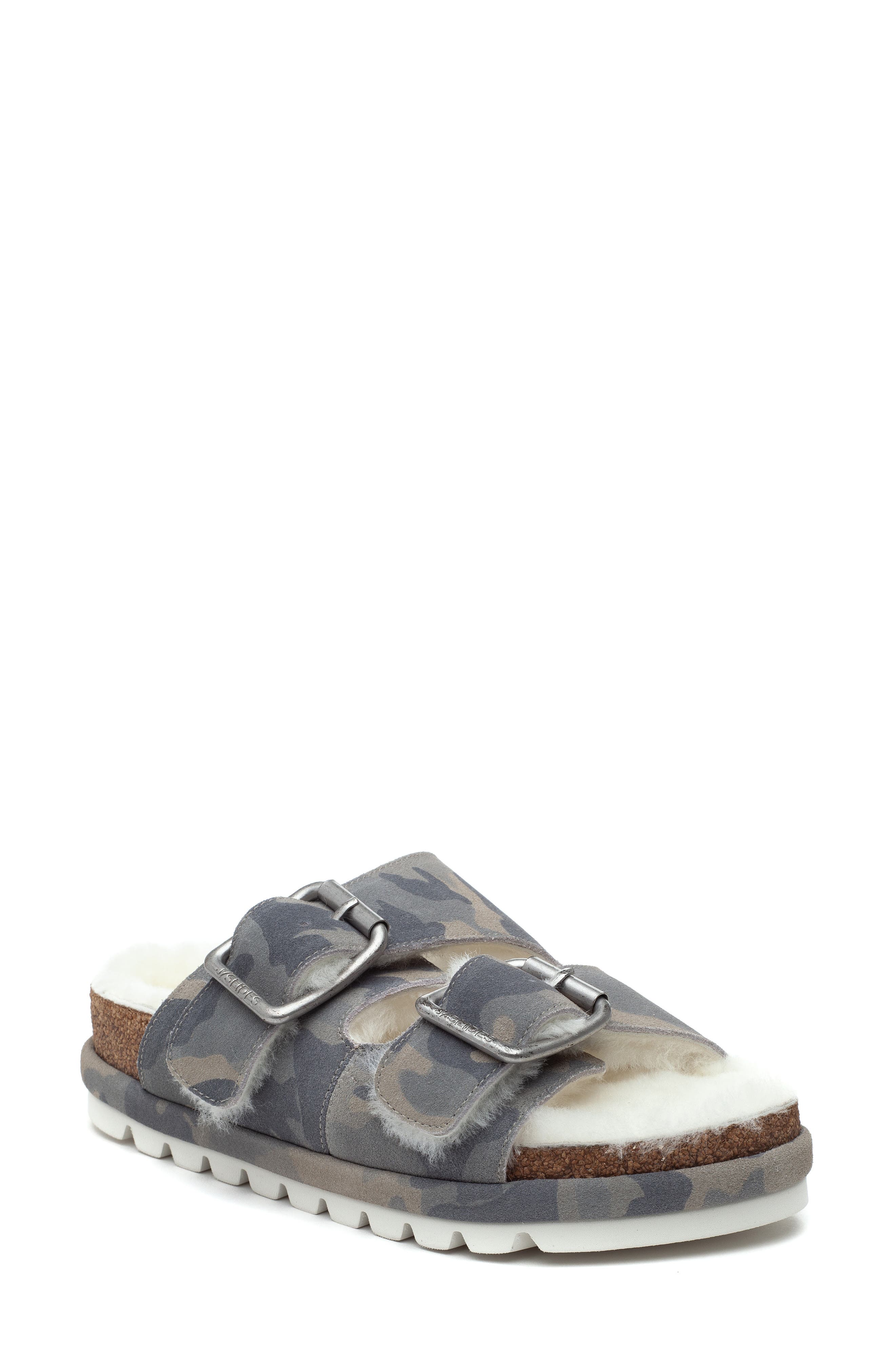 Lynx Genuine Shearling Double Buckle Sandal, Main, color, OFF WHITE CAMO SUEDE