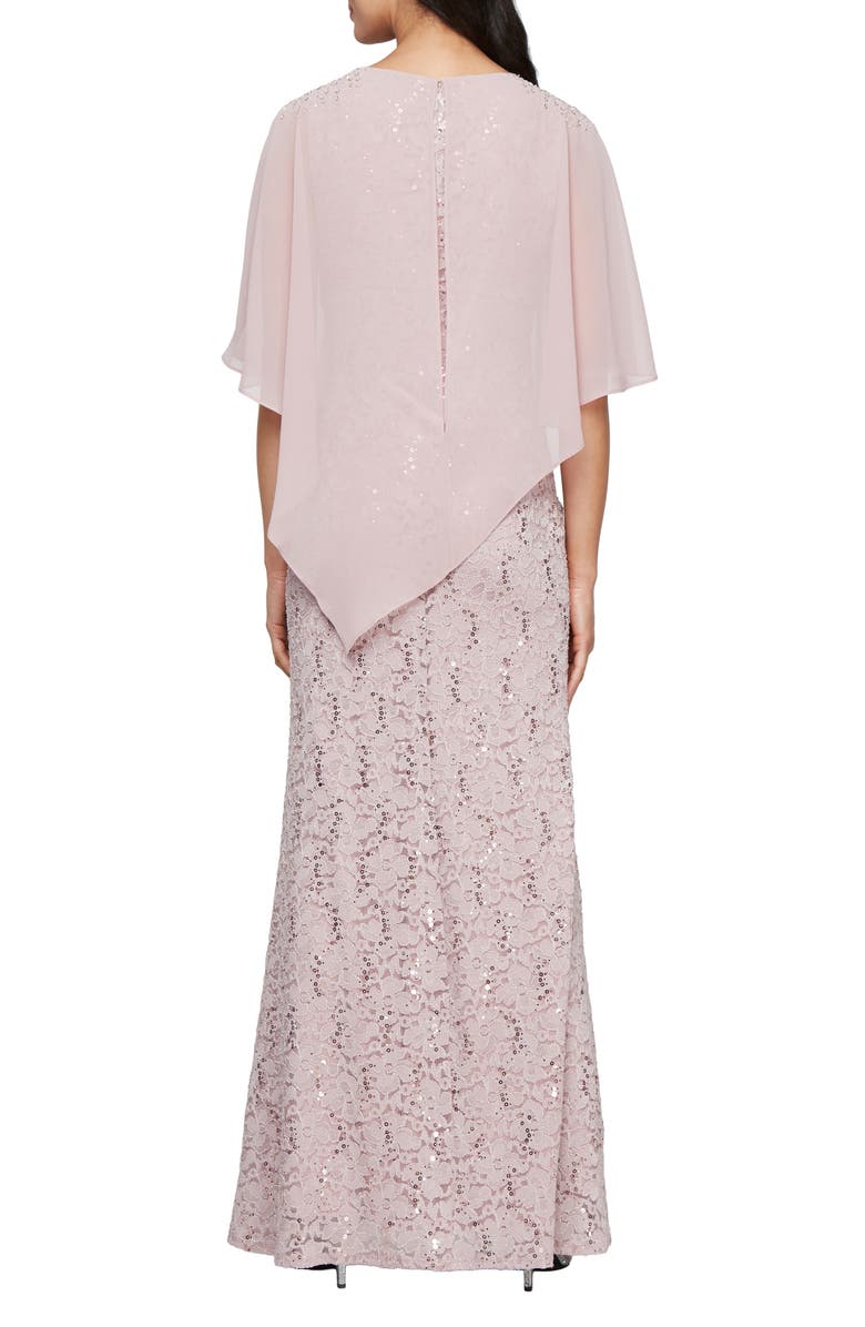 SL FASHIONS Beaded Lace & Chiffon Capelet Gown, Alternate, color, Blush