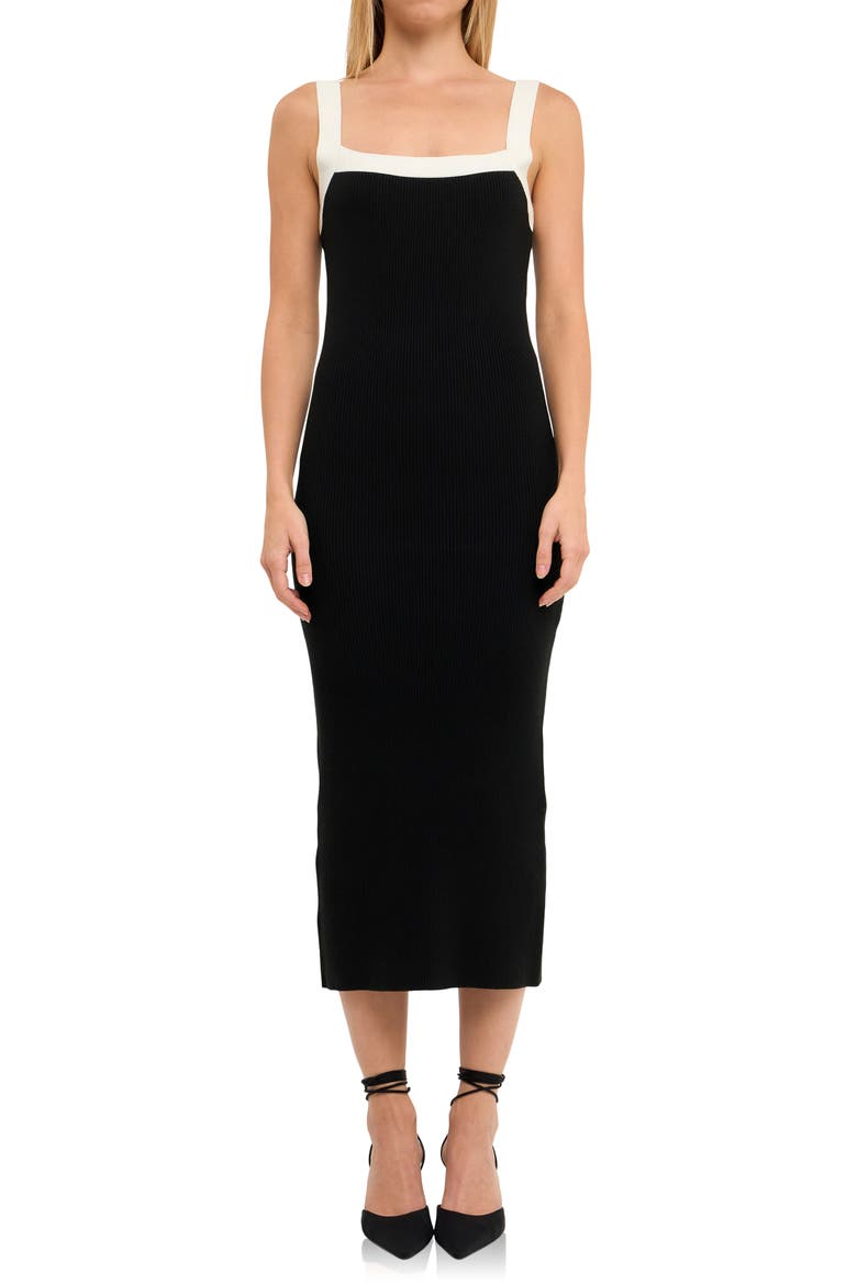 Square Neck Sleeveless Ribbed Midi Dress, Alternate, color, BLACK/ WHITE
