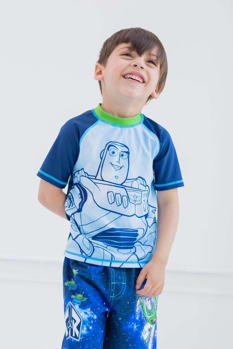 Toy Story Swimwear 2-Piece Rash Guard and Swim Trunks Set, Alternate, color, Buzz Aliens Blue