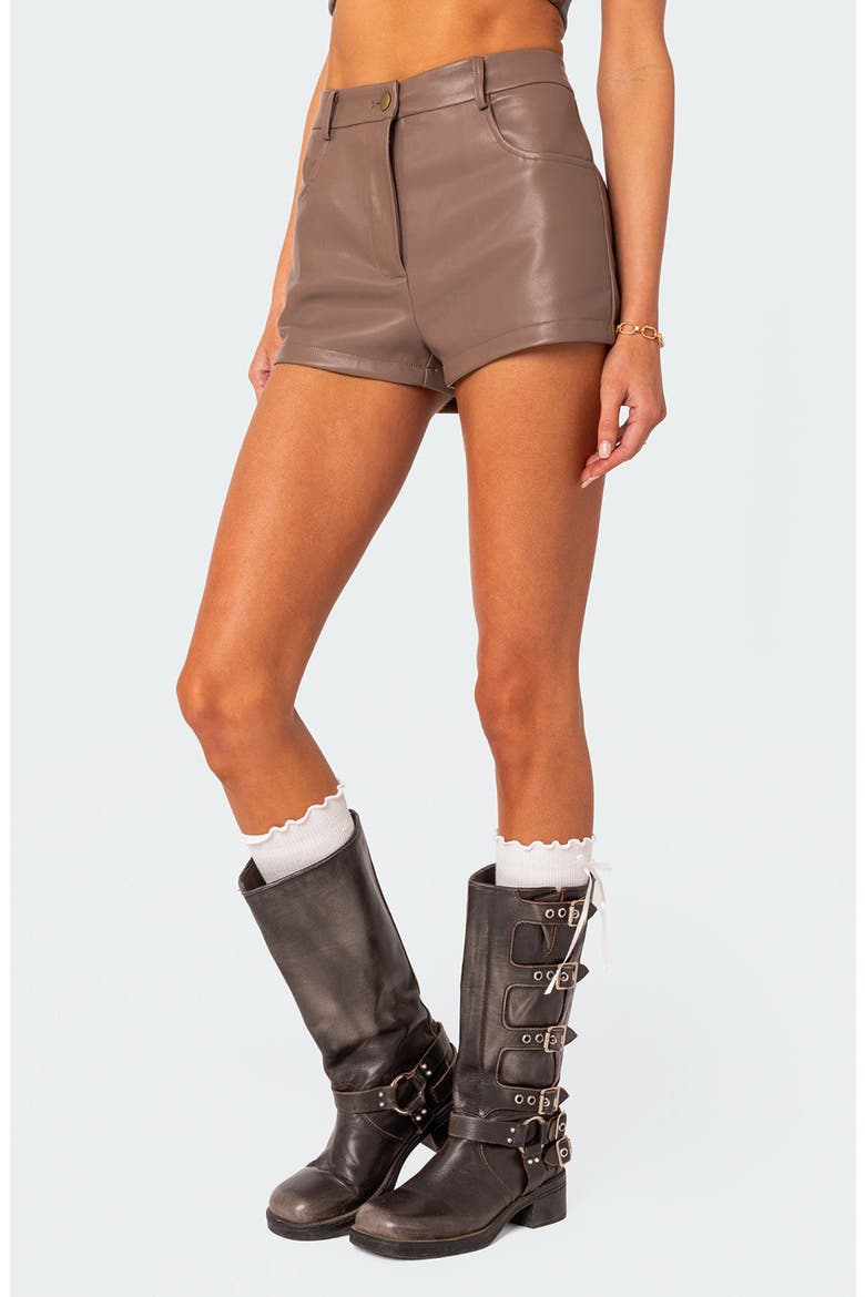 Martine High Waist Faux Leather Shorts, Alternate, color, BROWN