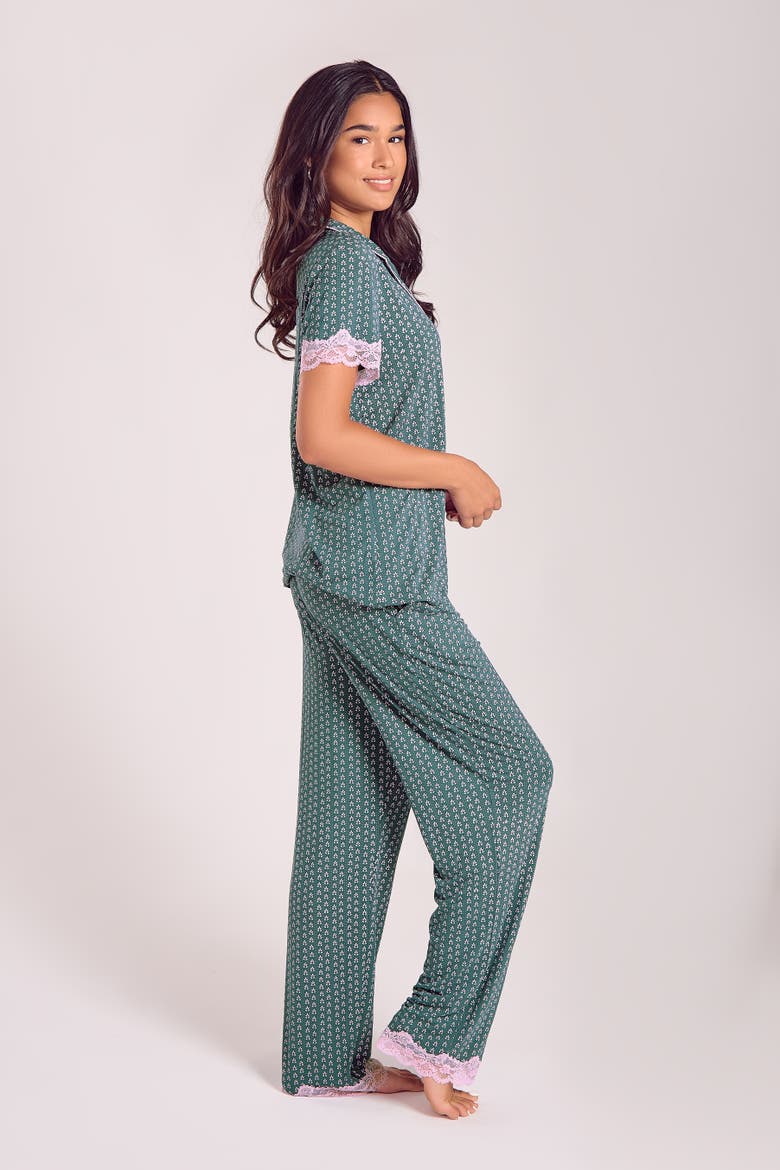 Viscose Lace-Trim Pajama Set with Cropped Pants, Alternate, color, Green-Pink