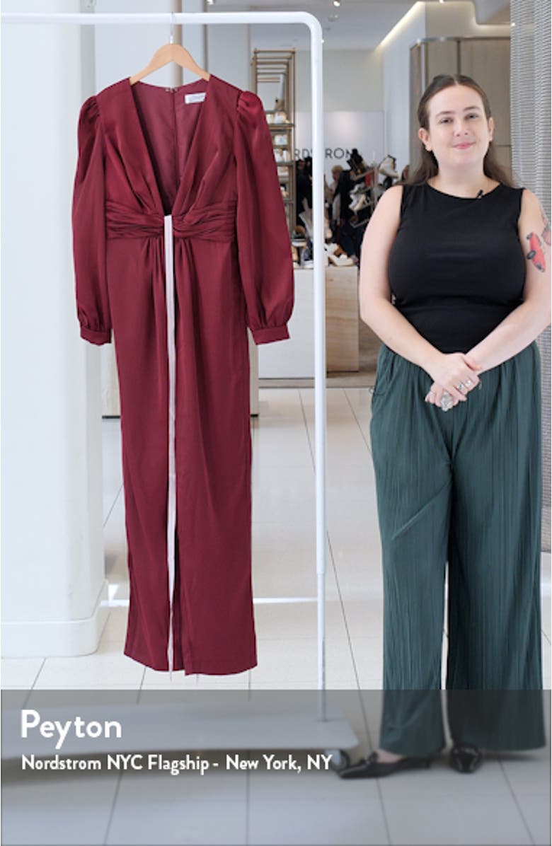 Plunge Neck Long Sleeve Satin Jumpsuit, sales video thumbnail