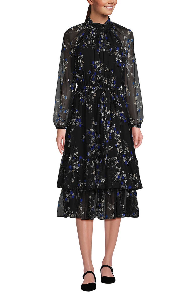 Crinkle Chiffon Ruffle Dress, Alternate, color, Black/Lapis Fall Floral