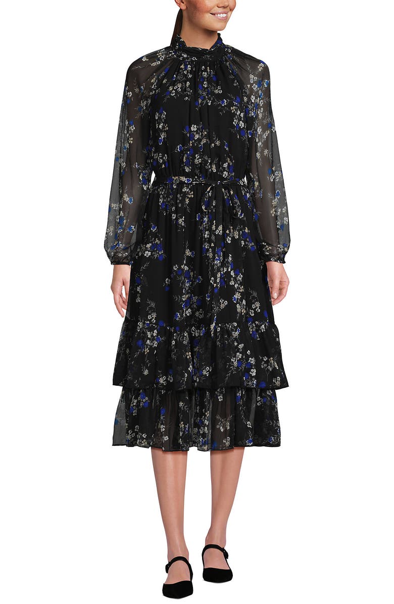 Lands' End Crinkle Chiffon Ruffle Dress, Alternate, color, Black/Lapis Fall Floral