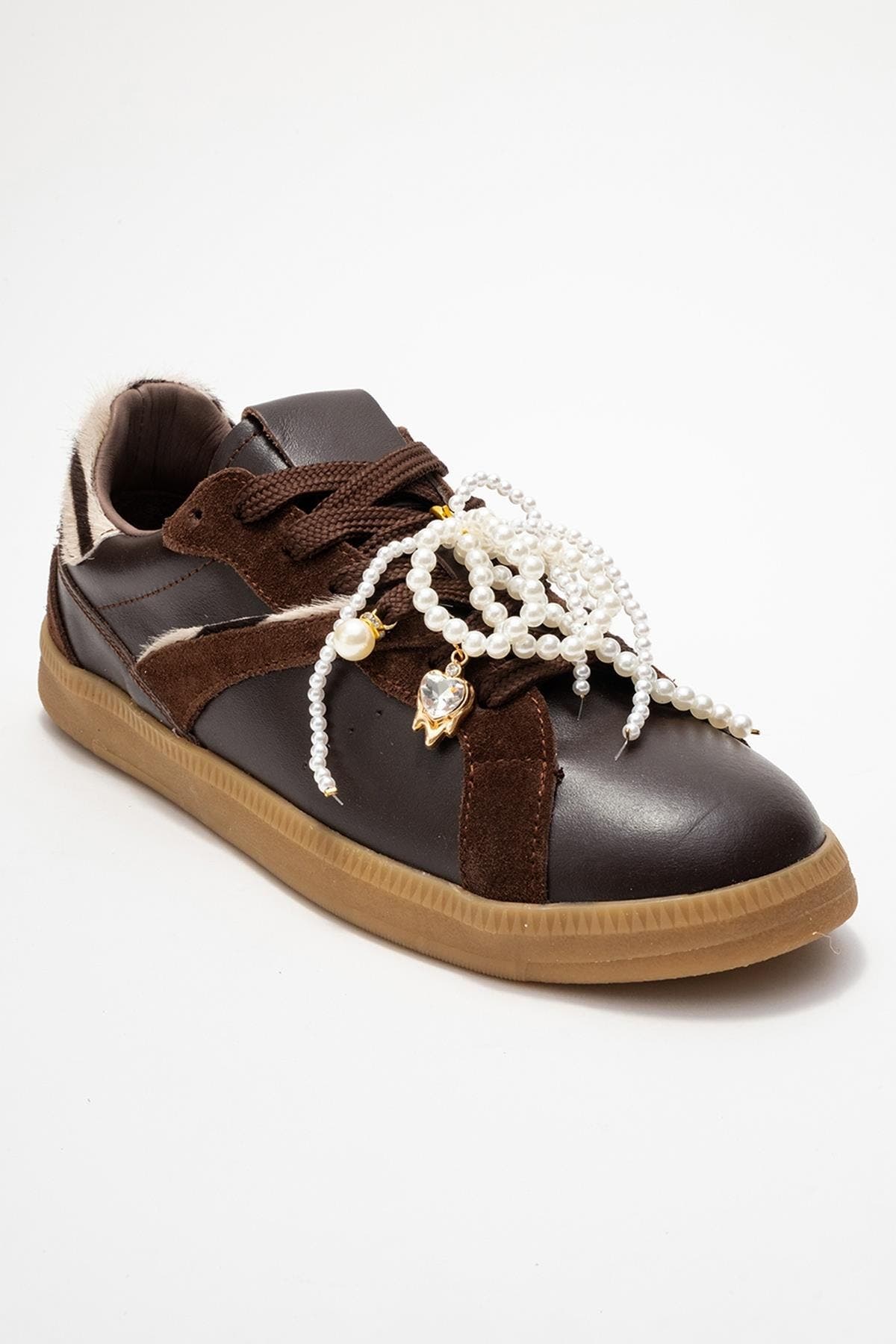 Taren Leather Pearl Buckle Sneakers, Alternate, color, Brown Leather