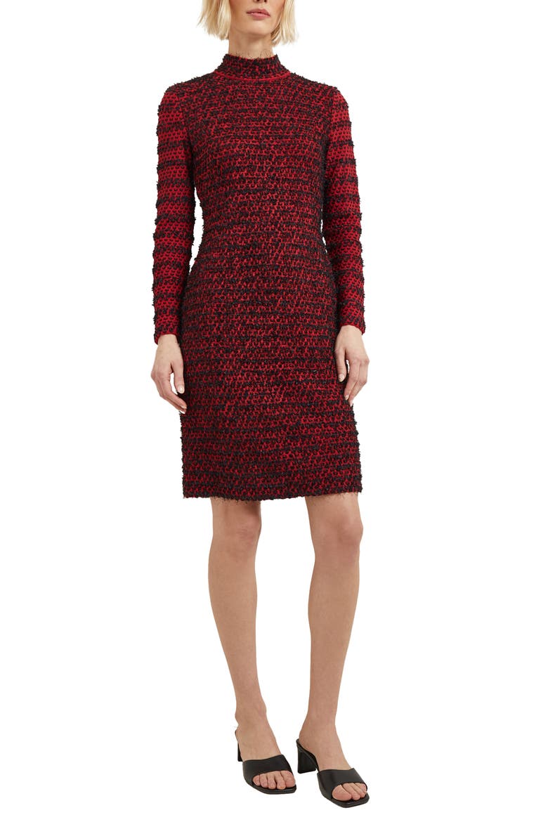 Two-Tone Eyelash Long Sleeve Sheath Dress, Main, color, ROUGE/ BLACK