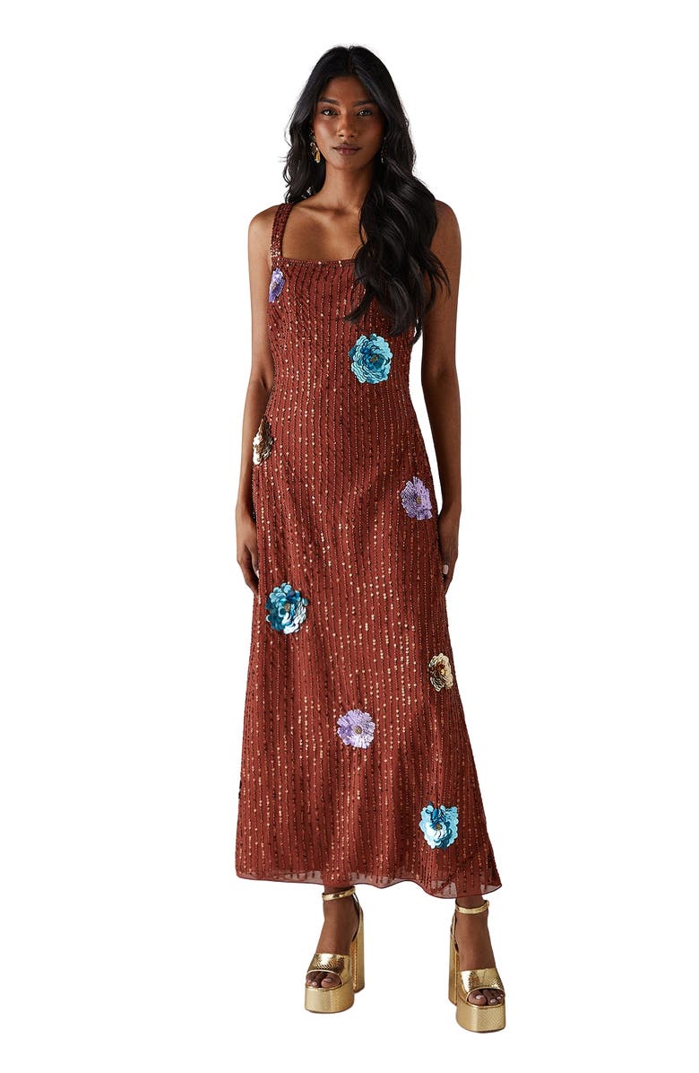 Warehouse Hand Embellished Flower Burst Midi Dress, Main, color, Rust
