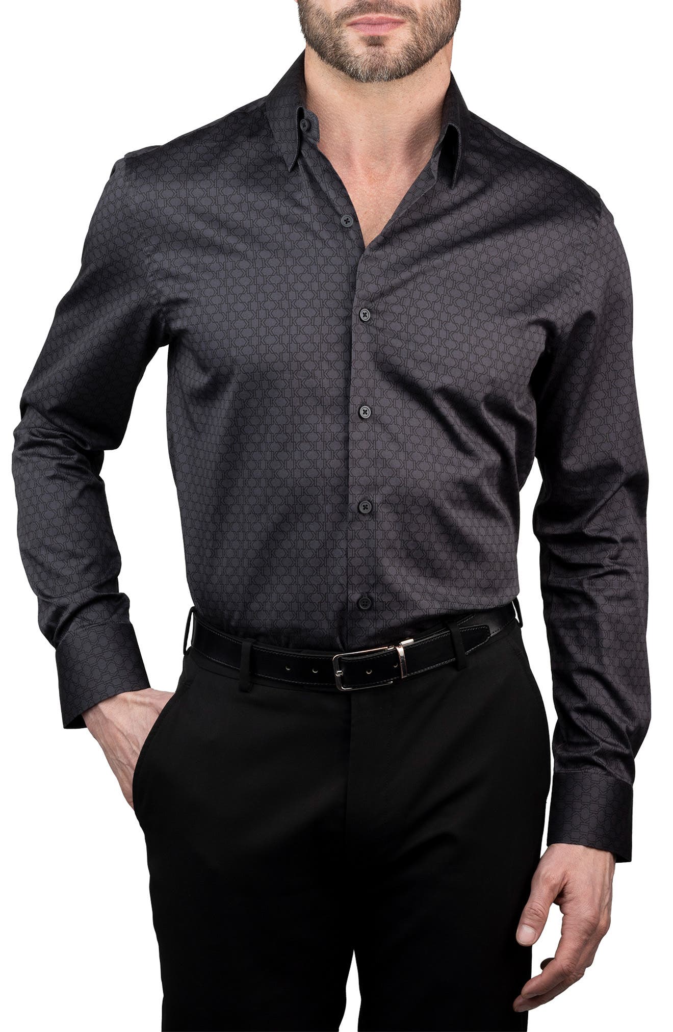 KARL LAGERFELD Trim Fit Grid Monogram Cotton Dress Shirt