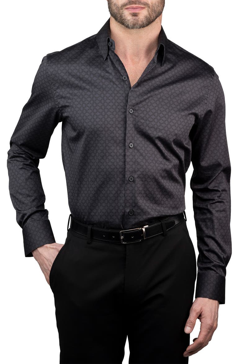 Trim Fit Grid Monogram Cotton Dress Shirt, Main, color, BLACK