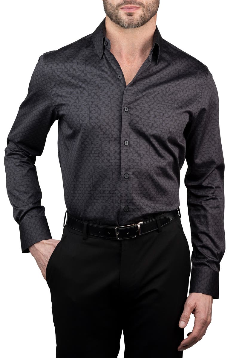 KARL LAGERFELD Trim Fit Grid Monogram Cotton Dress Shirt, Main, color, Black