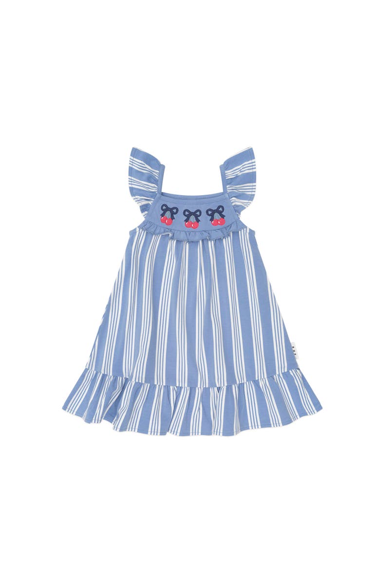 Huxbaby Vintage Stripe Cherry Dress, Main, color, Bijou Blue/Almond Milk