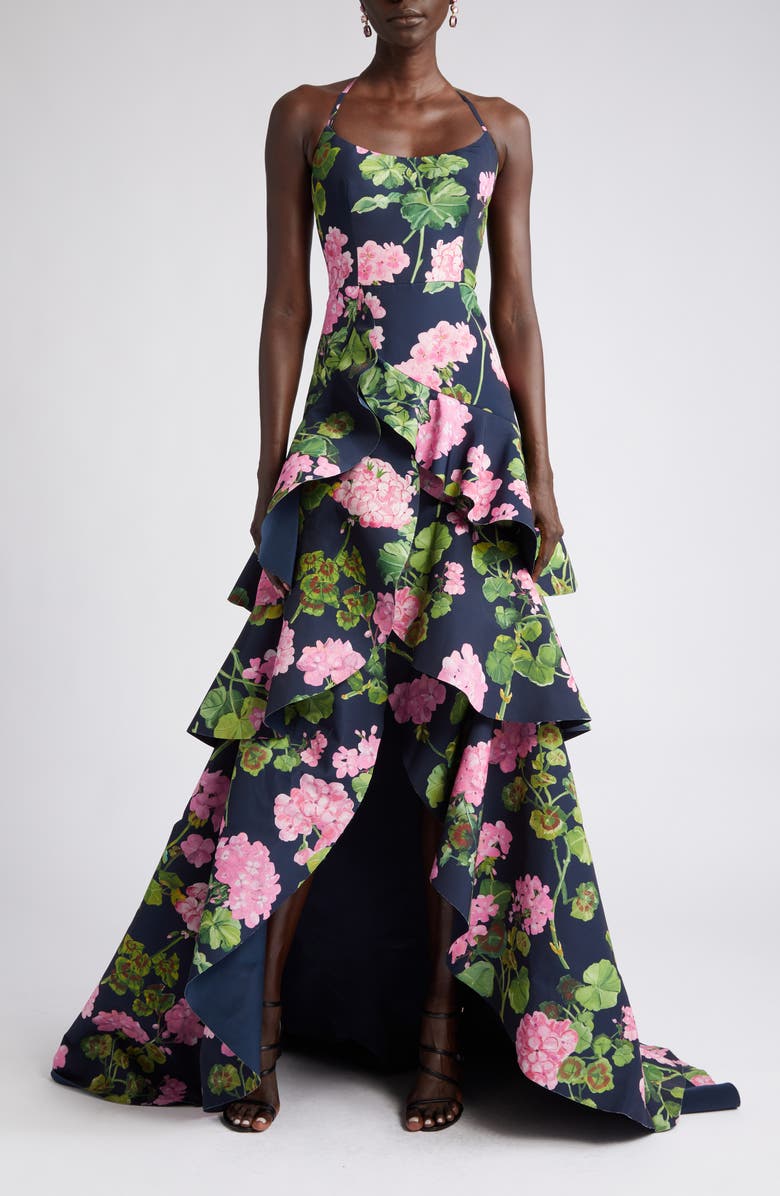 Oscar de la Renta Floral Halter Neck High-Low Gown, Main, color, 