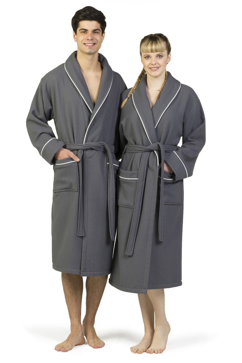 Hotel Collection Satin Piped Trim Waffle Terry Bathrobe, Alternate, color, DARK GRAY