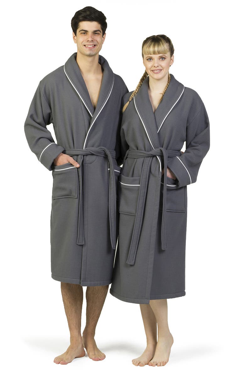 Linum Home Textiles Hotel Collection Satin Piped Trim Waffle Terry Bathrobe, Alternate, color, Dark Gray