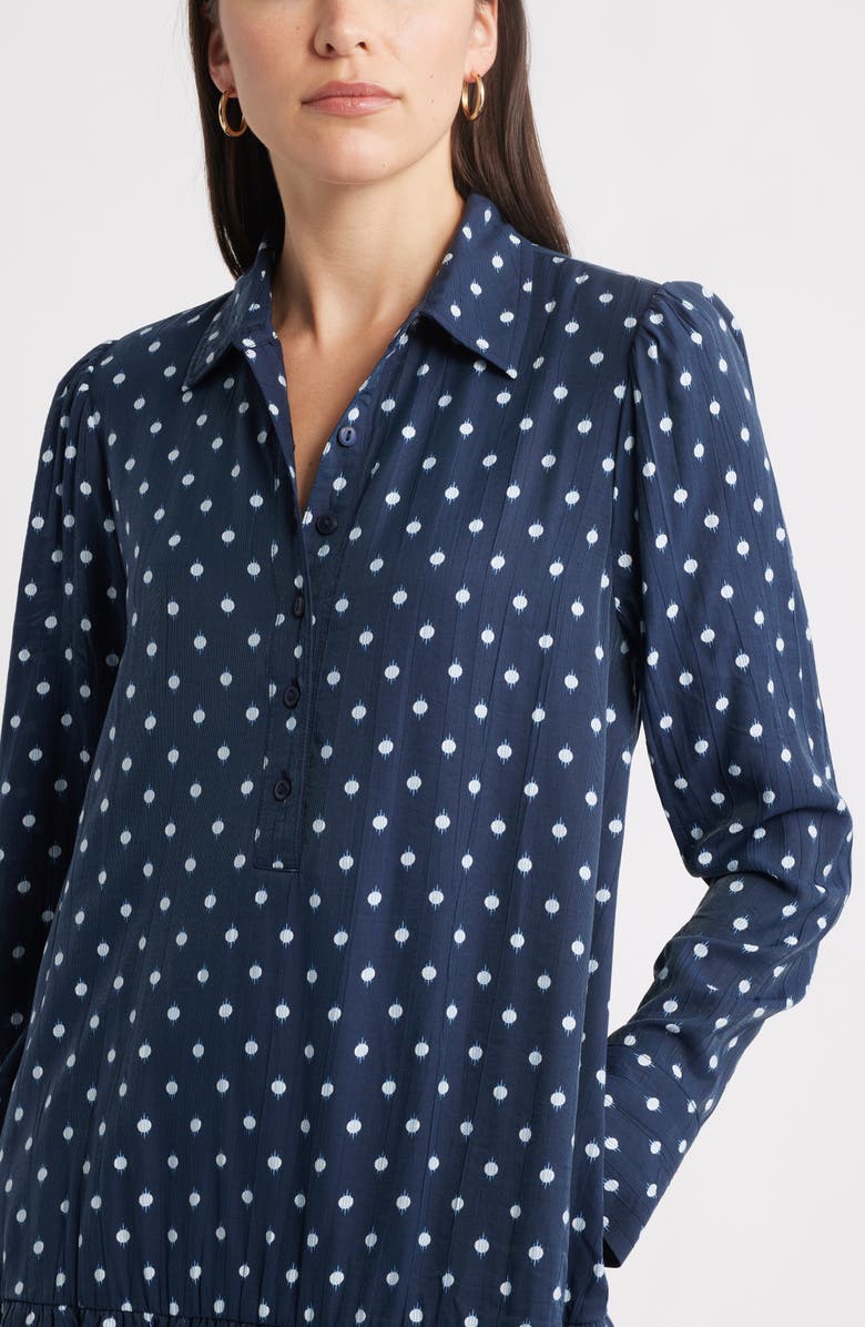 Caslon<sup>®</sup> Flounce Hem Long Sleeve Mini Shirtdress, Alternate, color, Navy- Ivory Mock Dot