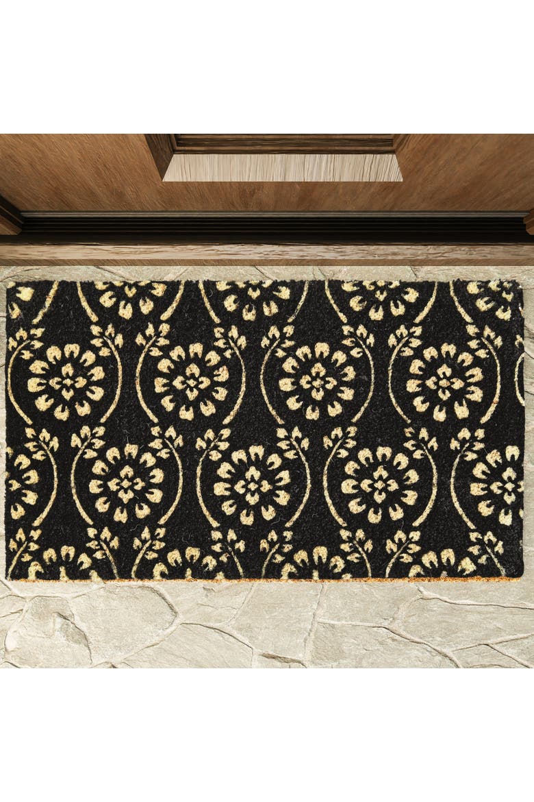 Floral Vine Coir Mat Rectangle Indoor Outdoor Welcome Mat, Alternate, color, Black