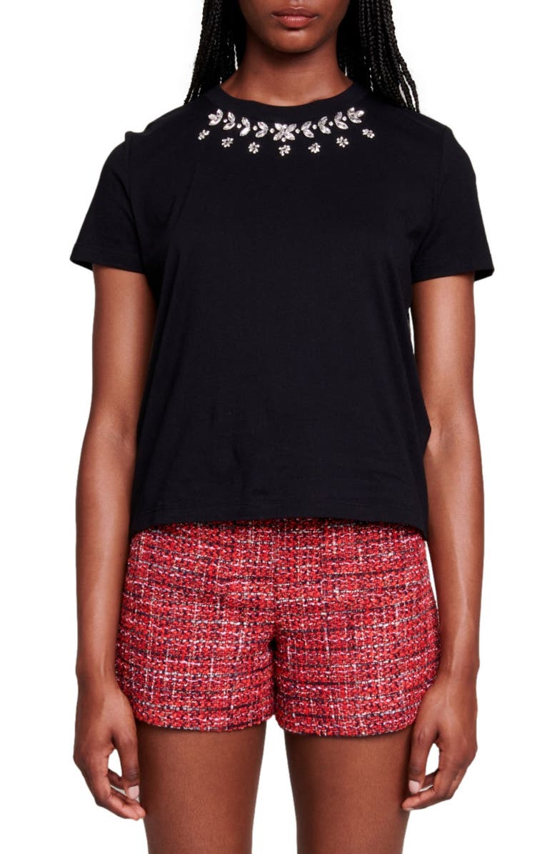 maje Toukana Crystal Embellished Cotton T-Shirt, Main, color, 