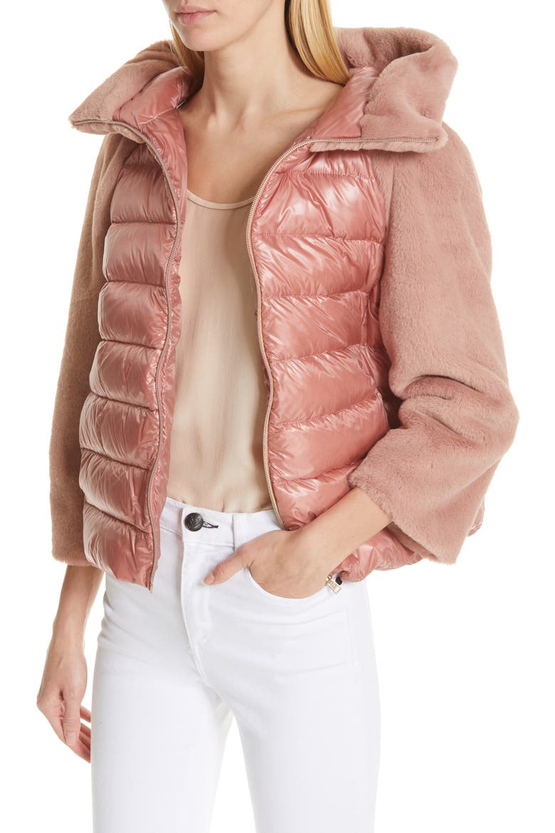 Quilted Down Nylon & Faux Fur Puffer Jacket, Alternate, color, PINK