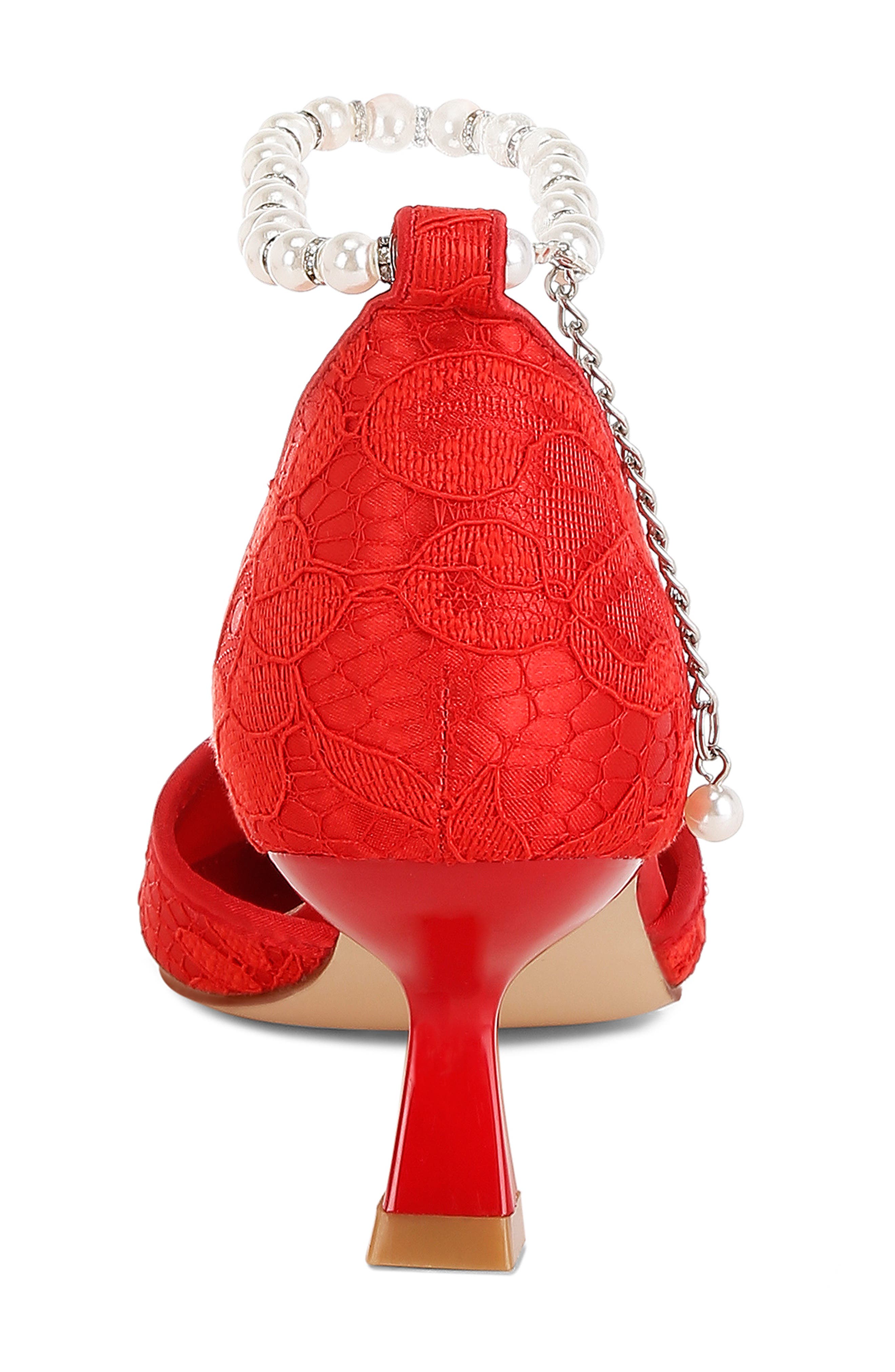 Rag & Co Bruna Faux Pearl Ankle Tie Lace Pump, Alternate, color, Red