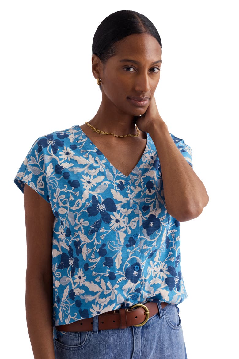 Studio Glass Organic Cotton Button-Up Top, Alternate, color, WINDING MEADOW SAILBOATS